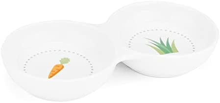 Navaris Double Food Bowl for Small Animals – Ceramic Food Bowls for Rabbits, Guinea Pigs, Small Pets – Rabbit Water Dish – Carrot and Grass Design