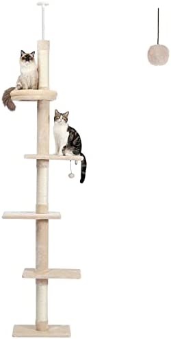 PETEPELA Cat Tree 5-Tier Floor to Ceiling Cat Tower Height Adjustable (95-108 Inches), Tall Kitty Climbing Activity Center with Scratching Post, Cozy Bed, Dangling Ball for Indoor Cats Upgraded Beige