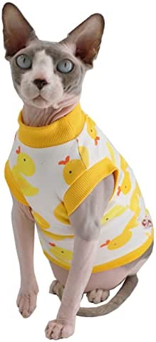 Sphynx Hairless Cat Summer Cotton T-Shirts Cat Vest Pet Clothes,Round Collar Vest Kitten Shirts Sleeveless, Cats & Small Dogs Apparel (Medium, Yellow Ducks)