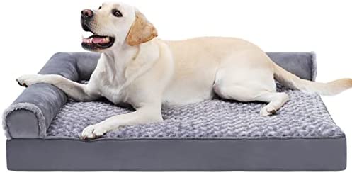 MIHIKK Orthopedic Dog Bed Deluxe Plush L-Shaped Dog Couch Beds with Waterproof Lining Bolster Dog Sleeping Sofa with Removable Washable Cover & Nonskid Bottom Pet Bed for Medium Large Jumbo Dogs, Gray