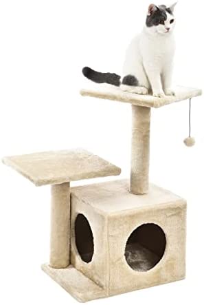 Amazon Basics Dual Post Indoor Cat Tree Tower With Cave – 23 x 18 x 29 Inches, Beige