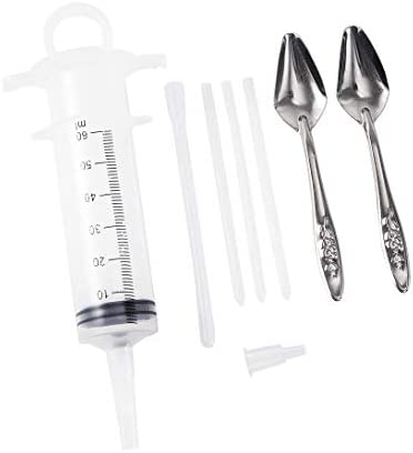 FULAIERGD 60ML Baby Bird Parrot Feeding Tubes, Liquid Medicine Feeder Push-Tube Pet Cat Dog Feeding Medicine with 2 Pcs Stainless Steel Metal Feeding Spoon (60ML)