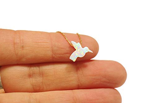 Opal Necklace, White Dove Opal Necklace, White Bird Opal Jewelry, Hummingbird Necklace, Silver Gold Rose Gold Necklace, Dainty Minimalist Opal Stone Pendant, Animal Charm Necklace, October Birthstone