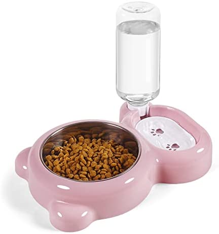 Azwraith Double Dog Cat Bowls, Pet Water and Food Bowl Set with Automatic Water Dispenser Bottle Detachable Stainless Steel Bowl for Small Dogs and Cats Kitten Puppy Rabbit Bunny – Pink