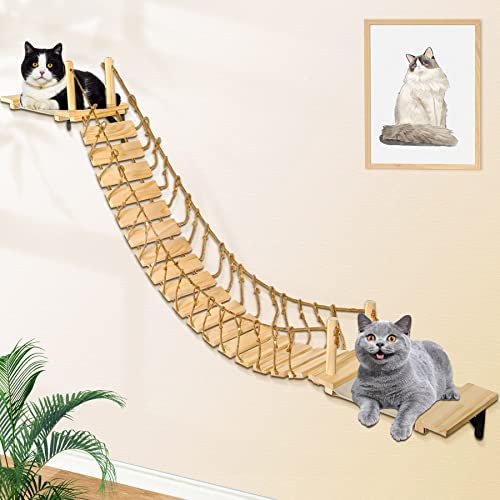 Calmbee Cat Wall Shelves, Cat Wall Furniture 70″ Cat Bridge Wall Mount Cat Perch Wooden Hammock Cat Tree Cat Climber Cat Cloud Shelf Board Cats Bed