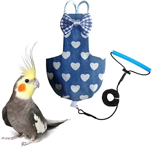 VANFAVORI Bird Diaper Harness Flight Suit Clothes with 80 Inch Flying Leash for Parrots Cockatiel Pet Birds Including A Cotton Pad, S Size, Denim Heart