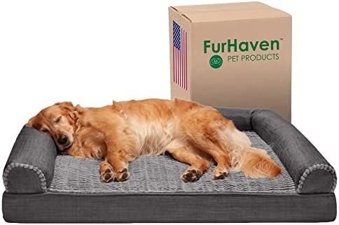 Furhaven XL Orthopedic Dog Bed Luxe Faux Fur & Performance Linen Sofa-Style w/ Removable Washable Cover – Charcoal, Jumbo (X-Large)