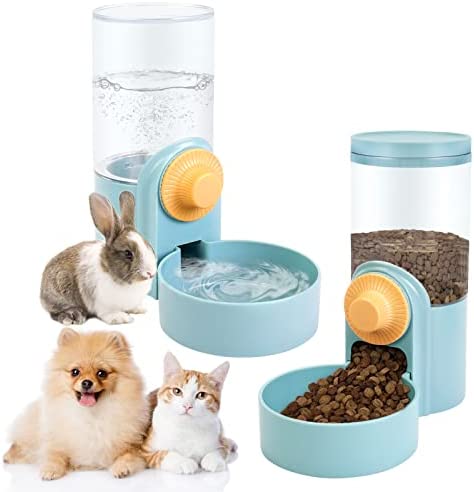Dog Cat Rabbit Food Water Dispenser Automatic Hanging Pet Feeder Waterer, Auto Gravity Ferret Food Bowl Water Bowl Set for Small Animals Puppy, Guinea Pig Feeding Dispenser for Caged Pets Bunny, Green