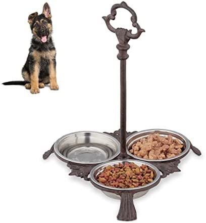 Relaxdays Cast Iron Feeding Station for Cats & Dogs, 3 Stainless Steel Bowls, Antique, Handle, Outdoor, Dark Brown, 1 Item