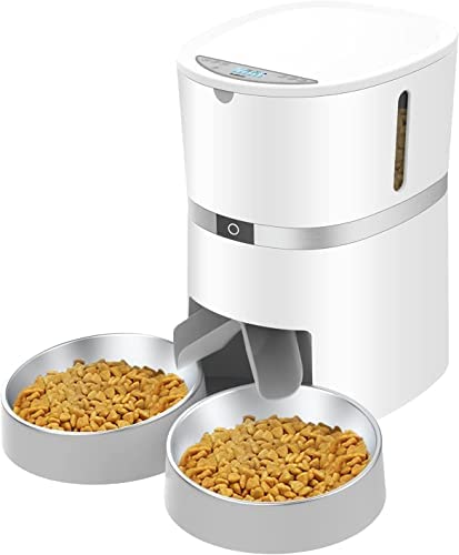 Automatic Cat Feeder, WellToBe Pet Feeder Food Dispenser for Cat & Small Dog with Two-Way Splitter and Double Bowls, up to 6 Meals with Portion Control, Voice Recorder – Battery and Plug-in Power