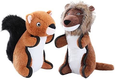 Amazon Basics Squeaky Dog Plush Toy, Lion and Squirrel, 2 Pack