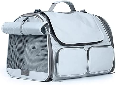 FUKUMARU Cat Carrier Airline Approved, Soft Sided Dog Carrier, Collapsible Cat Travel Bag, Under 44 lb Small Medium Large Pet Carrier, Rollable Cover for Nervous Cats, Grey
