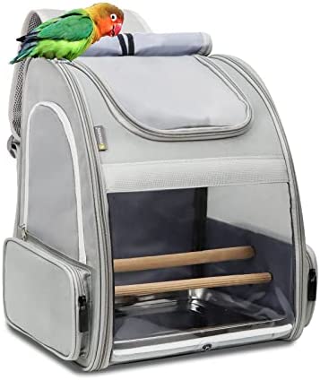 Texsens Bird Carrier Backpack – Pet Travel Cage with Stainless Steel Tray and Standing Perch, Breathable & Portable, for Small Birds, Green Cheek, Cockatiel, Parrot (Grey)