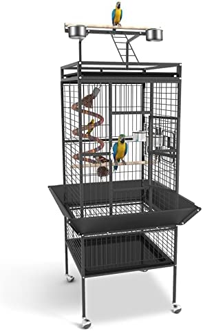 61” Bird Cage, Bird Flight Cages with Rolling Stand & Bottom Tray, Wrought Iron Birdcage with PlayTop & Rope Bungee Bird Toy for Parakeet, Parrot, Lovebirds, Pigeons, Cockatiels, Macaw