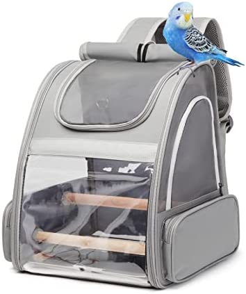KiiDAS Pet Bird Carrier Parrots Backpack for Travelling Hiking, With Stainless Steel Tray & 2 Standing Perch, Breathable Birds Travel Cage for Small Birds, Conures, Green Cheek, Cockatiel (Light Gray)