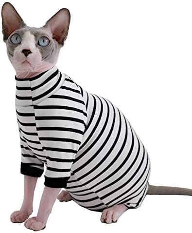 Sphynx Hairless Cat Four Leg Breathable Summer Rayon Pajamas Elastic Pet Clothes Cat Surgery Recovery Suit Vest Kitten T-Shirts Cats & Small Dogs Apparel (M+ (7-8.6 lbs), Stripe)