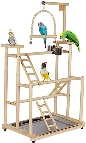 Edudif 3 Layers Wood Bird Playground Large Parrot Playstand Bird Perch Stand Bird Gym Playground Playpen for Cockatiel Parakeet Parrot (with Installation Notes)