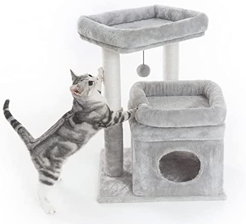 Pesofer Cat Tree, Small Cat Tower with Dangling Ball and Perch Light Gray