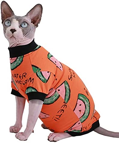 Sphynx Hairless Cat Cute Summer Cotton T-Shirts Pet Clothes,Round Collar Kitten Shirts Cats Apparel (Orange Watermelon, Medium (Pack of 1))