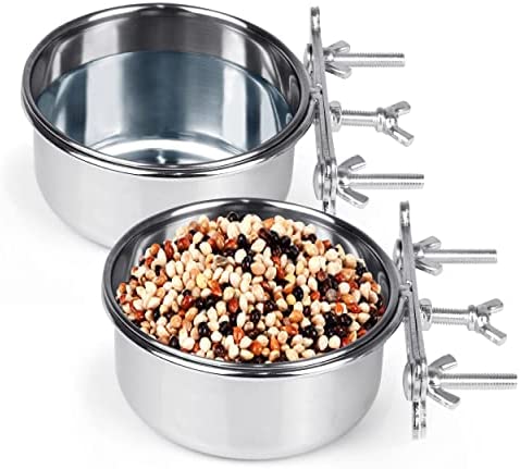 Linifar Parrot Feeder Bird Feeding Cups Stainless Steel Food Dish with Clamp Holder for Parakeet Parrt Macaw Cockatiel Small Animals (Pack of 2)