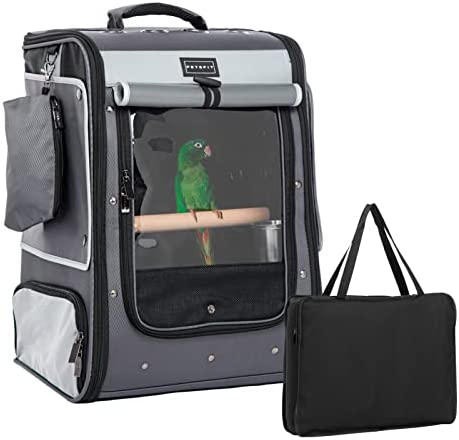 Bird Carrier with Shade Cover,Adjustable Height Standing Perch,2 Feeder Bowls and Great Ventilation, Fit for Medium/ Large Sized Birds(Large, Grey1)