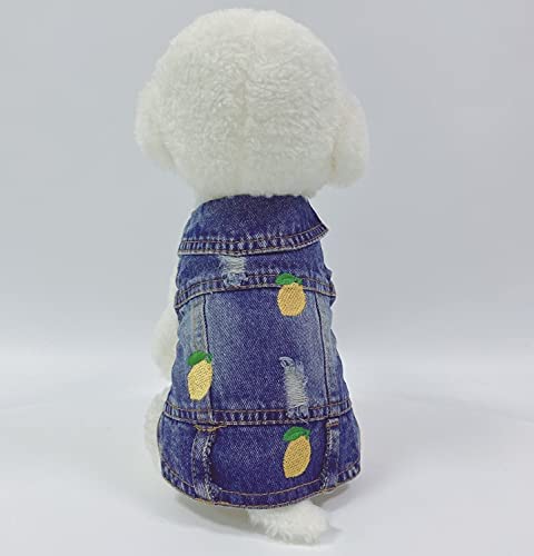 WEARTER Small Dog Clothes Cute Denim Dog Jean Jacket Vest, Machine Washable Lemon Embroidery Dog Outfits for Chihuahua Yorkies Teddy French Bulldog(XS, Blue-Lemon)