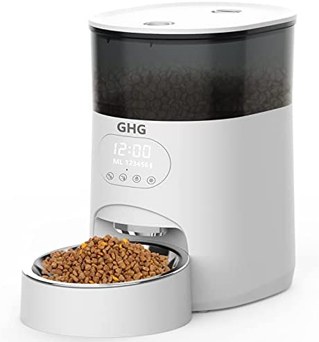 GHG Automatic Cat Feeder, 4L Auto Pet Food Dispenser with Stainless Steel Bowl, Desiccant Bag, Programmable Portion Timed Control 1-6 Meals Per Day, 10s Voice Recorder for Small Medium Cats and Dogs