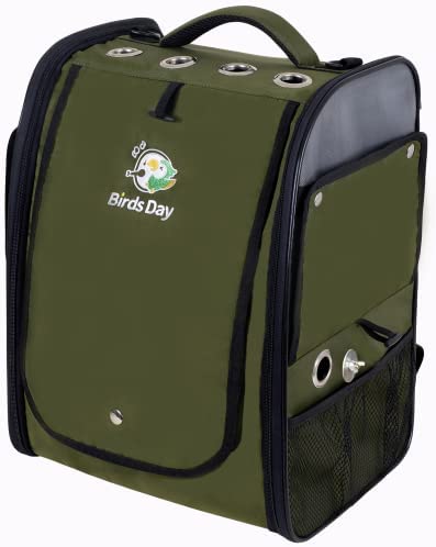 Birds Day Bird Carrier Backpack-Parrot Travel Cage with Perch and Food Bowl, Stainless Steel Tray (Dark Olive Green)