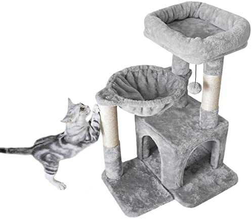 Pesofer Cat Tree, Small Cat Tower with Sisal Scratching Post and Hammock Light Gray
