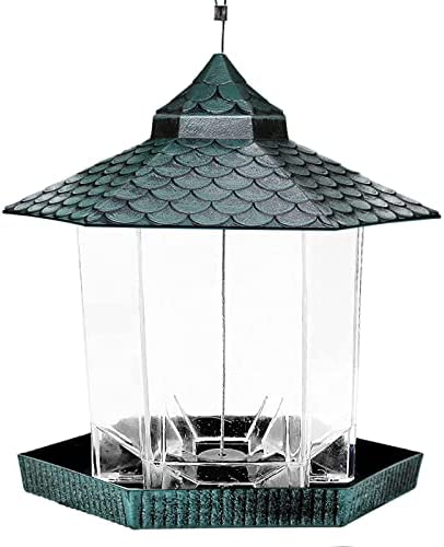 Twinkle Star Wild Bird Feeder Hanging for Garden Yard Outside Decoration, Hexagon Shaped with Roof, Green