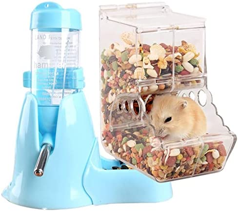 Hamster Automatic Feeder Dispenser for Small Animal Rhamster Ferret Bunny Rabbit Pig Hedgehog Bird Feed Pets, Mini Auto Food Feeding Cage Water Bowl for Vacation（1pcs Feeder+1pcs Water Bowl(Blue)