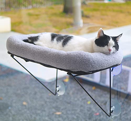 Zakkart Cat Window Perch – 100% Metal Supported from Below – Comes with Warm Spacious Pet Bed – Cat Window Hammock for Large Cats & Kittens – for Sunbathing, Napping & Overlooking (Grey)