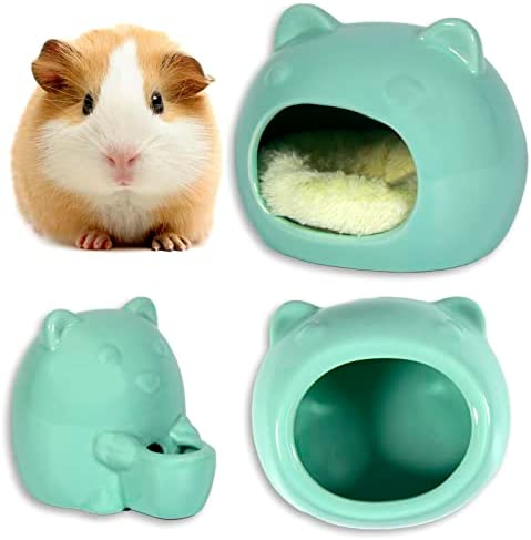 Cartoon Sculpted Ceramic Hamster House Food Feeding Bowl Water Bowl to Prevent Spilled Food and Chewing Tray Gerbils Chinchilla Ferret Hedgehog Small Animals (Cyan)