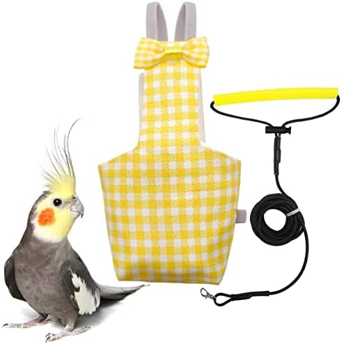 VANFAVORI Bird Diaper Harness Flight Suit Clothes with 80 Inch Flying Leash Rope for Parrots Conure Cockatiel Pet Birds Weight 75-99 Grams, M Size Yellow Checks, Including A Cotton Pad