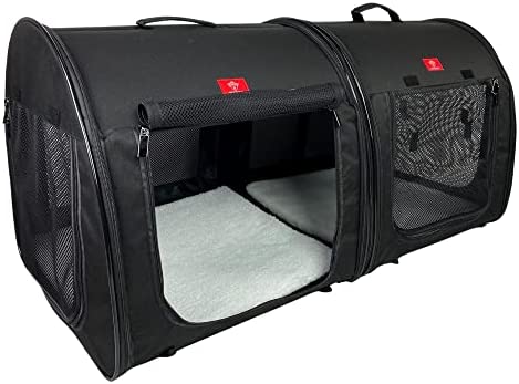 One for Pets Portable 2-in-1 Double Pet Kennel/Shelter, Fabric, Black/Royal Blue 20″x20″x39″ – Car Seat-Belt Fixture Included (Black)