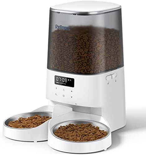 Rellorus Automatic Cat Feeders, 5L/21Cups Pet Food Dispenser for Two Cats, Timed Cat Feeder with Double Bowls, 48 Portions 6 Meals Per Day for Cat and Dog, 10s Meal Call
