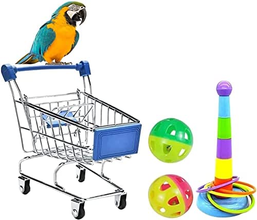 Himmbods Parrot Toys 4PCS, Bird Toy Mini Shopping Cart – Training Rings and Ball – Parrot Playing Chewing Standing Training Toys for Budgie Parakeet Cockatiel Bird Toy Part (Color Random)