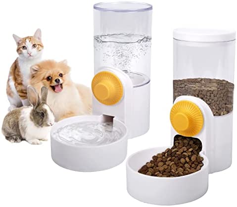 DricRoda Rabbit Food Water Dispenser Automatic Gravity Dog Cat Feeder Pet Waterer for Ferret Small Animals, Hanging Gravity Cat Dog Rabbit Food Bowl Ferret Water Bowl Set for Cage Travel, White