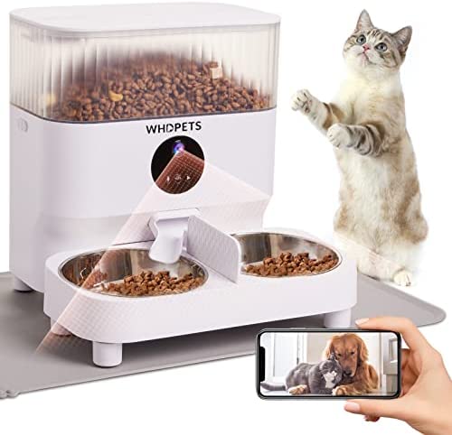 Automatic Cat Feeders, WHDPETS WiFi Pet Feeder with 1080P Camera for 2 Cats & Dogs, 5L Auto Dog Food Dispenser with Feeding Mat, Portion Control, Dual Power Supply, Voice Recorder, 2.4G Wi-Fi Enabled