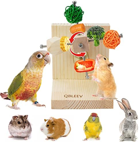 Bird Foraging Toy for Parakeets Cockatiels Conures, Wooden Small Animals Feeder Food Holder for Hamsters Rabbits Rats Chinchilla Guinea Pigs, Parrot Chewing Toy Treat Dispenser with Ball Bell (Type B)
