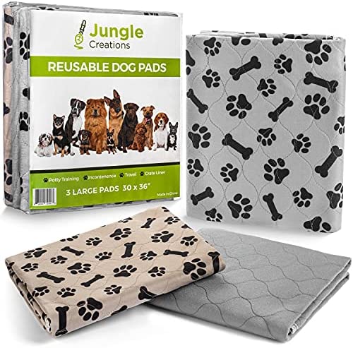 JUNGLE CREATIONS Washable Pee Pads for Dogs (3-Pack) Reusable Waterproof Potty Training Mats for Puppy Playpen, Whelping Box, Crate Liner for Small, Medium, Large, and XL Pets (30″ x 36″)