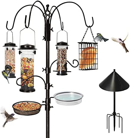 Ointo Garden 6-Hook Bird Feeding Station Kit，Bird Feeder Pole Bird Feeder Stand Feeder Hanging Kit & Bird Bath for Attracting Wild Birds with Squirrel Proof Baffle Guard