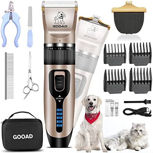 Dog Clippers, Professional Dog Grooming Kit, Cordless Dog Grooming Clippers for Thick Coats, Dog Hair Trimmer, Low Noise Dog Shaver Clippers, Quiet Pet Hair Clippers Tools for Dogs Cats,Gold