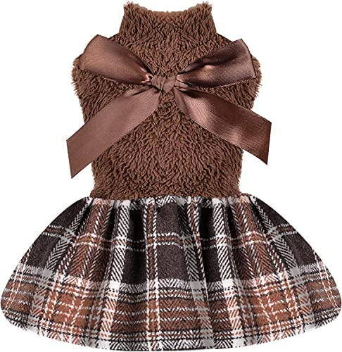 Dog Sweater Dress for Small Dogs Girl Autumn & Winter Skirt Dogs Clothes Princess Gauze Dress, Pet Clothes Holiday Festival Puppy Outfits Pet Apparel (Large (8-12 Ib), Coffee Color)