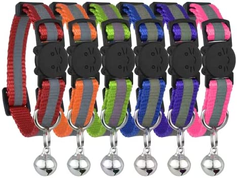 Upgraded Version – Reflective Cat Collar with Bell, Set of 6, Solid & Safe Collars for Cats, Nylon, Mixed Colors, Pet Collar, Breakaway Cat Collar, Free Replacement (6-Pack)