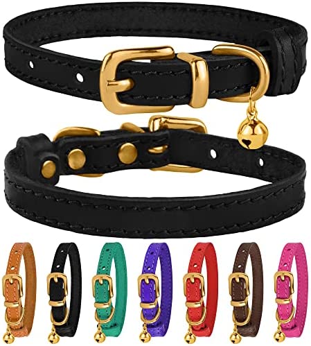 BRONZEDOG Leather Cat Collar with Bell Adjustable Non Breakaway Kitten Collars for Girl Boy Indoor Small Pet Black Brown (Neck Size 7″ – 9″, Black)