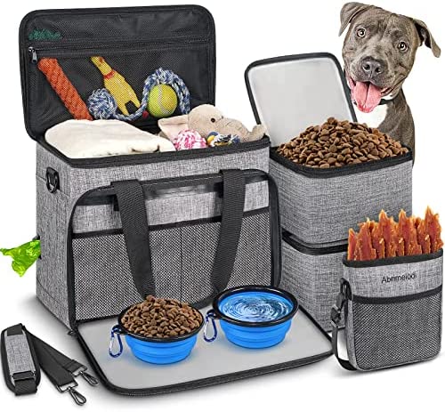 6 Set Dog Travel Bag, Large Pet Travel Kit for Supplies Includes 2 Food Containers, 1 Travel Organizer for Dogs, 2 Collapsible Bowls, 1 Treat Pouch, Dog Weekend Overnight Travel Bags Luggage, Grey