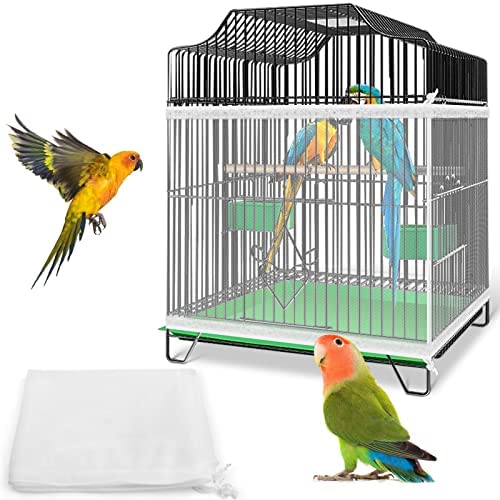 Bissap Bird Cage Seed Catcher, 59-86” X16” Universal Birdcage Net Nylon Adjustable Mesh Stretchy Skirts Cover for Parrot Cage Seed Guard (Not Include Birdcage)- White