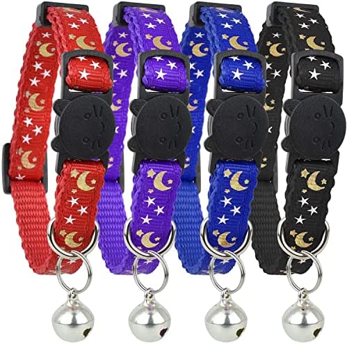 Upgraded Version – Cat Collar Stars and Moon, 4-Pack, Reflective with Bell, Solid & Safe Collars for Cats, Nylon, Kitty Collars, Pet Collar, Breakaway Cat Collar, Free Replacement