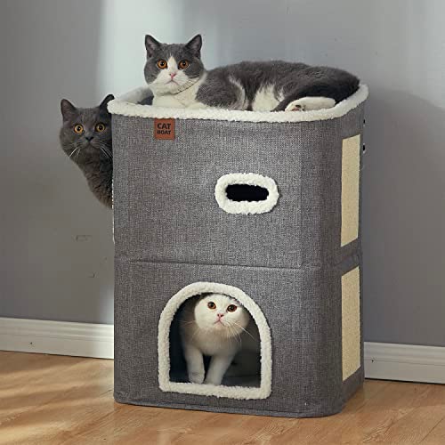 CATBOAT 2-Storey Cat House for Indoor Cats Bed, Covered Cat Cave Beds & Furniture with Scratch Pad and Hideaway Cave, Cute Modern Cat Condo for Multi Small Pet Large Kitten Kitty, Grey
